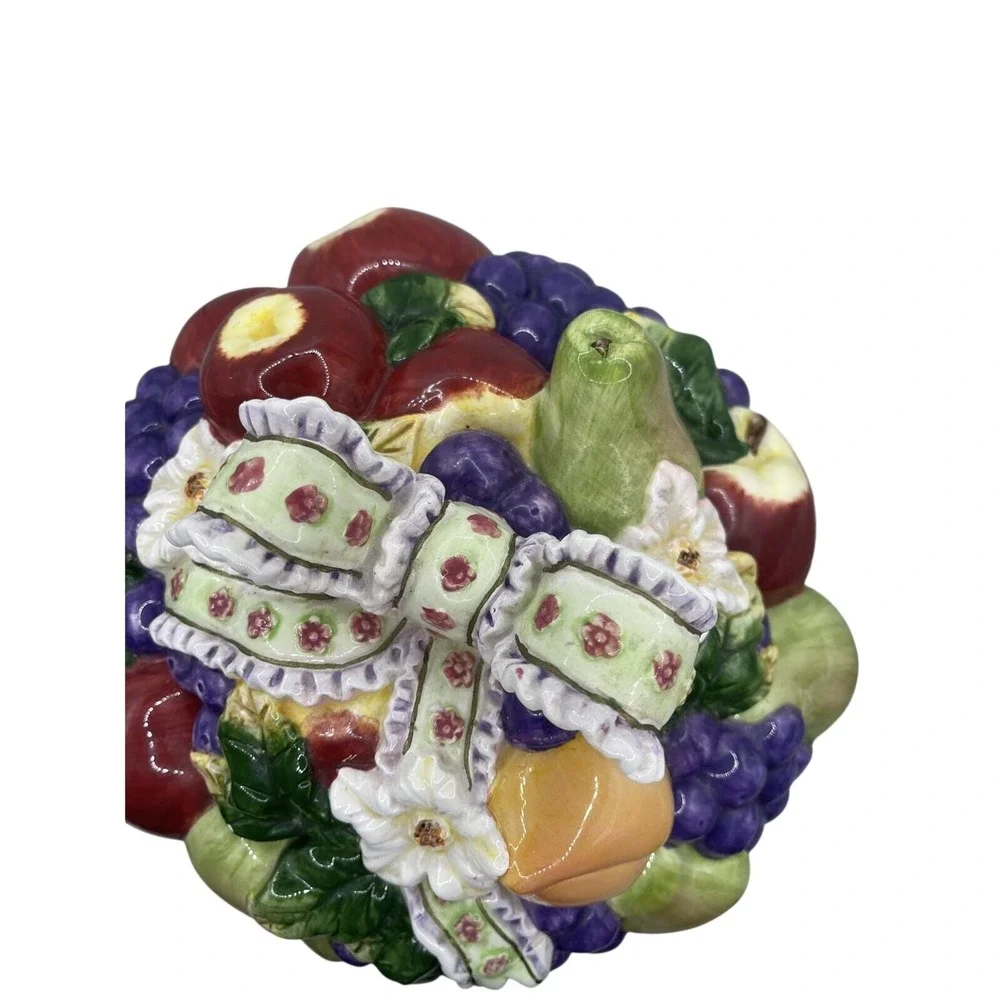 Ceramic Fruit Basket Lidded Trinket Dish Candy Bowl Figurine Apples Grapes Pears